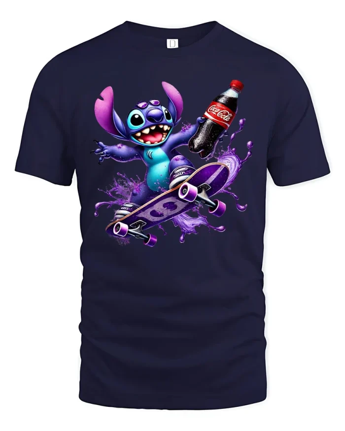 Cool Alien Skater with Soda Splash Graphic T-Shirt - navy t-shirt on white background