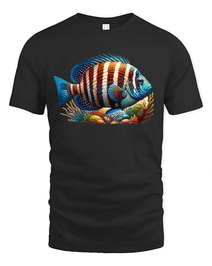 Colorful Tropical Reef Fish Ocean Art Graphic T-Shirt - black t-shirt on white background