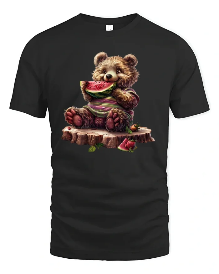 Cute Bear Eating Watermelon Summer Vibes T-Shirt - black t-shirt on white background