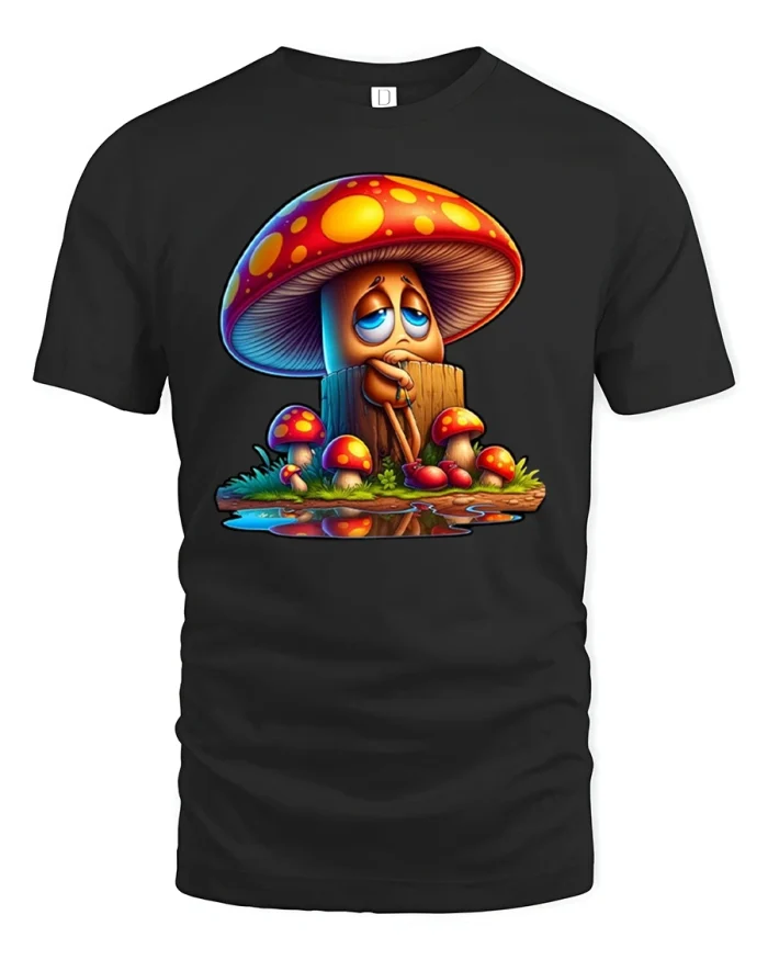 Funny Sad Mushroom Sitting by Pond Graphic T-Shirt - black t-shirt on white background