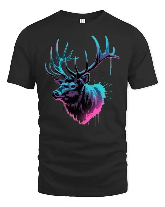 Neon Deer Head Splash Art Wildlife Graphic T-Shirt - black t-shirt on white background