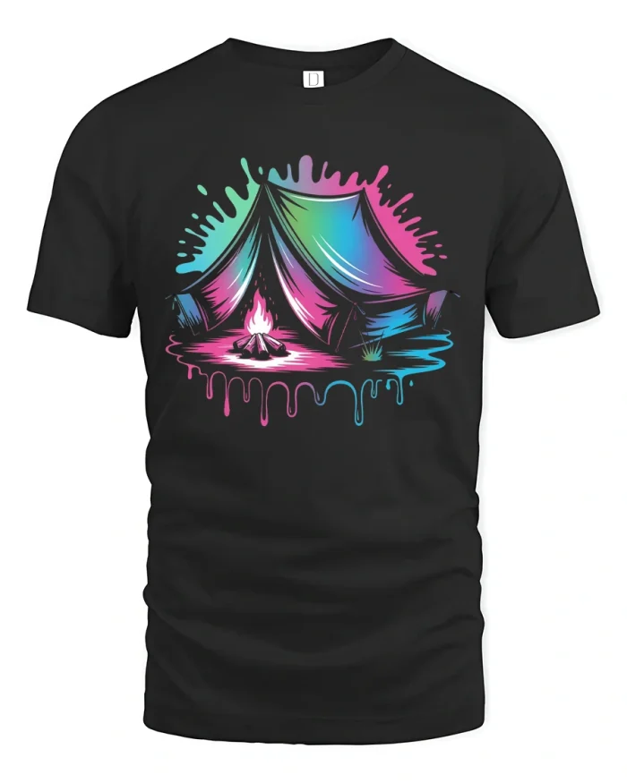 Neon Camping Tent Campfire Glow Adventure T-Shirt - black t-shirt on white background