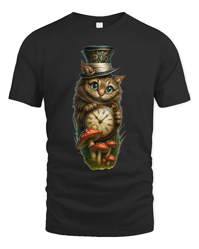 Steampunk Cat Clock Fantasy Mushroom Art T-Shirt - black t-shirt on white background