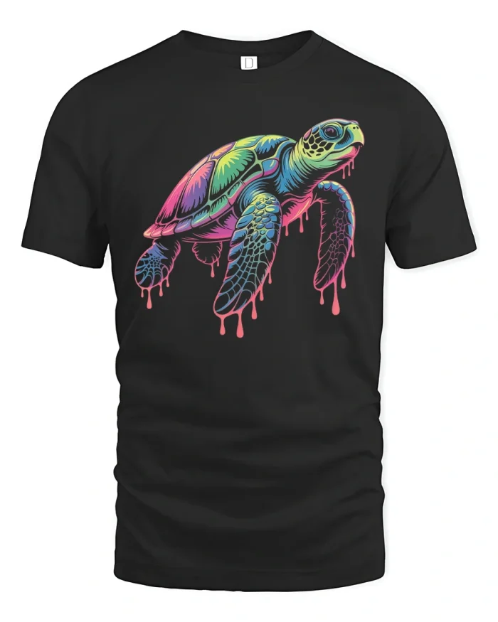 Neon Sea Turtle Splash Art Ocean Lover Graphic T-Shirt - black t-shirt on white background