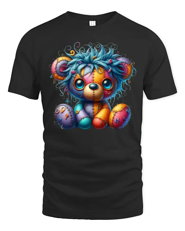 Colorful Stitched Teddy Bear Cute Patchwork T-Shirt - black t-shirt on white background