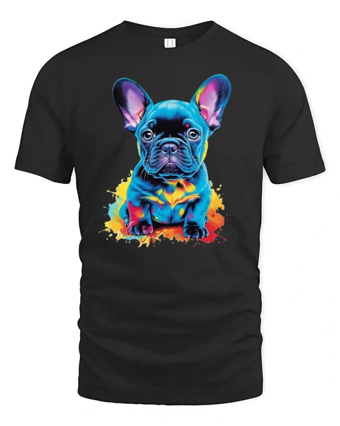 Neon French Bulldog Pop Art Color Splash T-Shirt - black t-shirt on white background