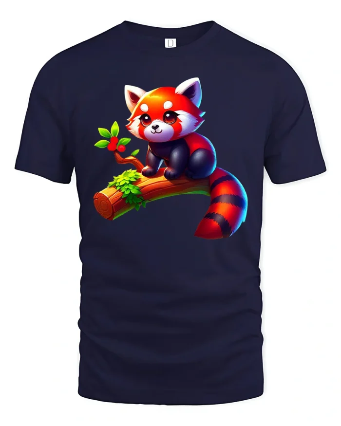 Cute Red Panda Sitting on Branch Cartoon Graphic Tee - navy t-shirt on white background