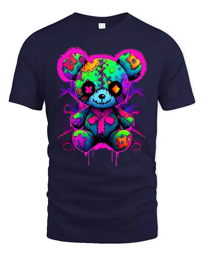 Neon Psycho Teddy Bear Street Art Graphic T-Shirt - navy t-shirt on white background