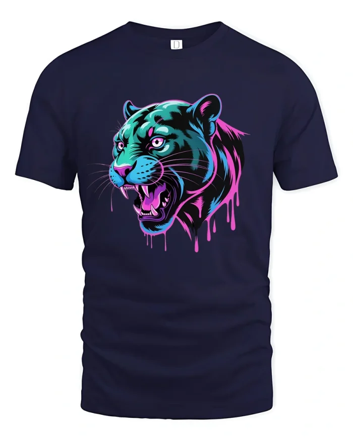 Neon Panther Head Street Art Bold Style Graphic Tee - navy t-shirt on white background