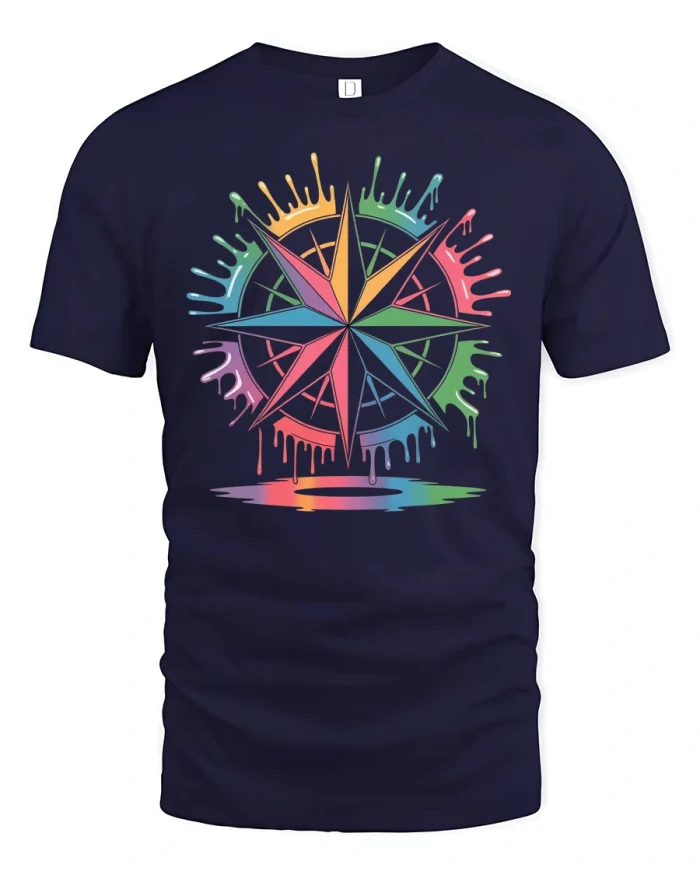 Rainbow Compass Adventure Spirit Graphic T-Shirt - navy t-shirt on white background