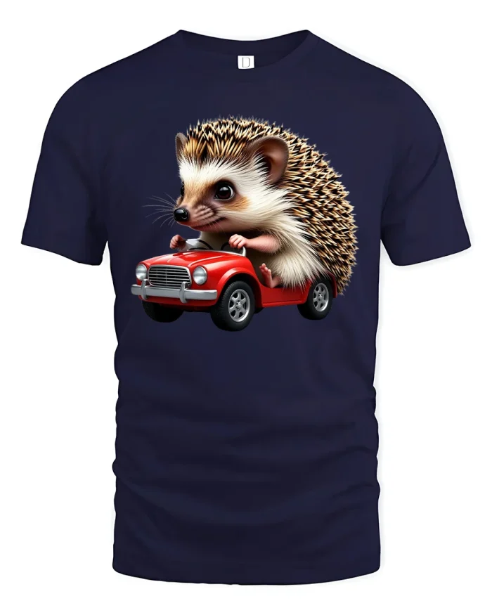 Funny Hedgehog Driving Red Car Cute Animal T-Shirt - navy t-shirt on white background