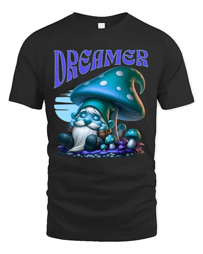Dreamer Gnome Mushroom Fantasy T-Shirt - black t-shirt on white background
