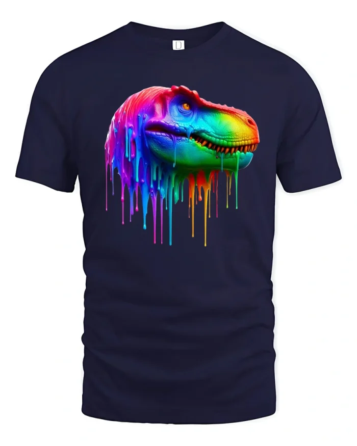 Colorful Dinosaur Head Dripping T-Shirt - navy t-shirt on white background