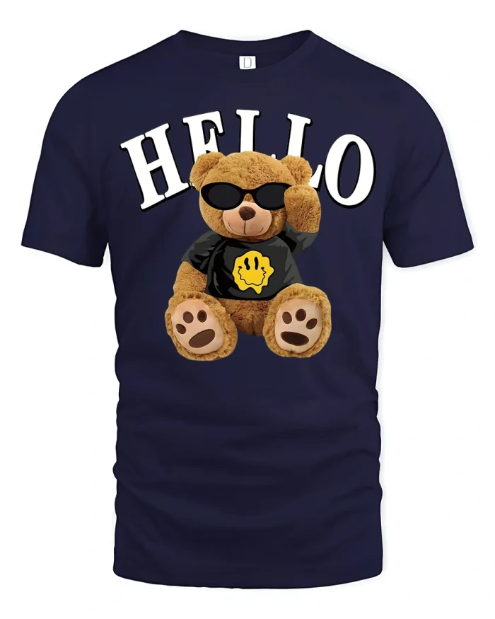 Cool Teddy Bear Hello Graphic Tee - navy t-shirt on white background