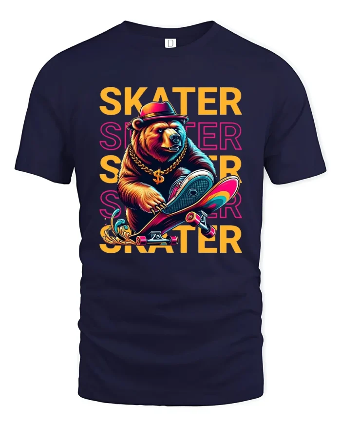 Skater Bear Cool Graphic Streetwear T-Shirt - navy t-shirt on white background