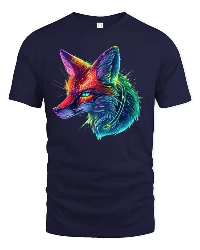 Neon Cyber Fox Head Colorful Tee - navy t-shirt on white background