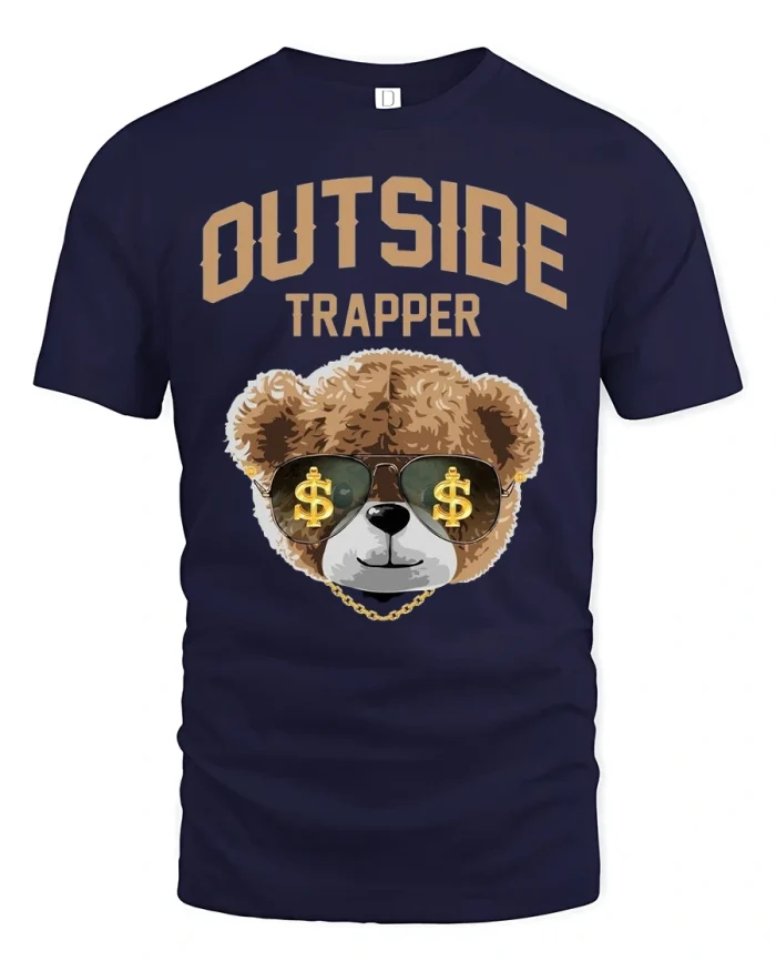 Outside Trapper Bear Dollar Shades T-Shirt - navy t-shirt on white background
