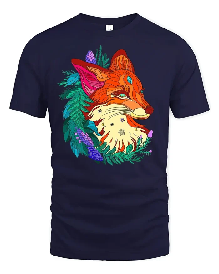 Mystic Forest Fox Floral Nature T-Shirt - navy t-shirt on white background