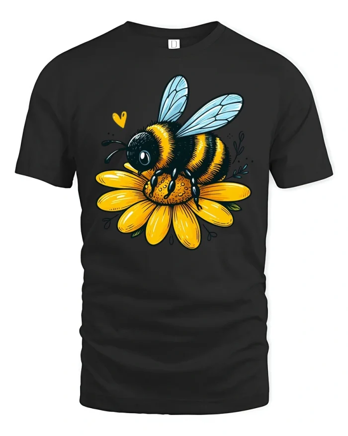 Cute Bee on Flower Graphic Nature Lover T-Shirt - black t-shirt on white background