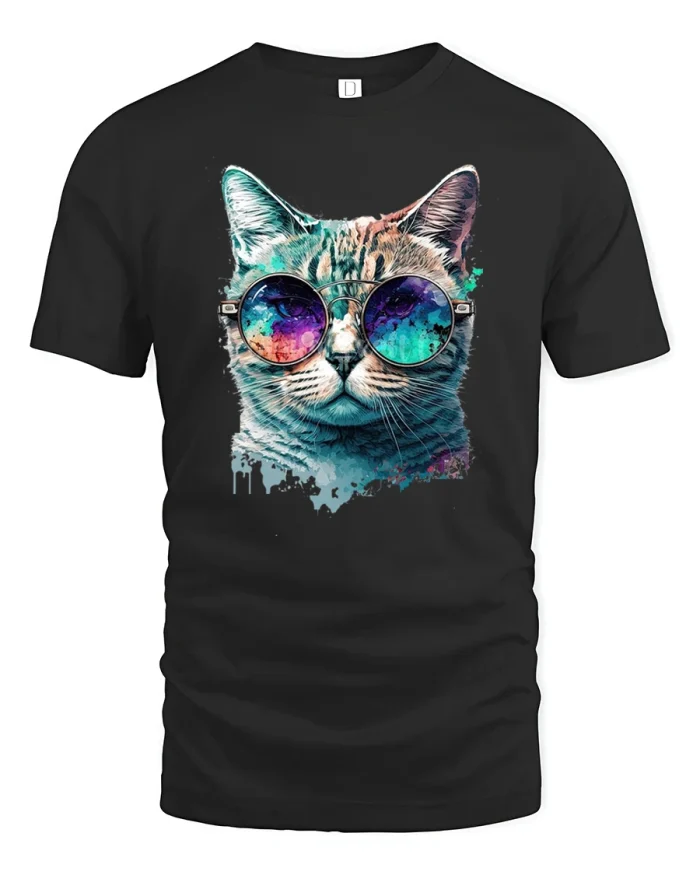 Cool Cat Sunglasses Color Splash T-Shirt - black t-shirt on white background