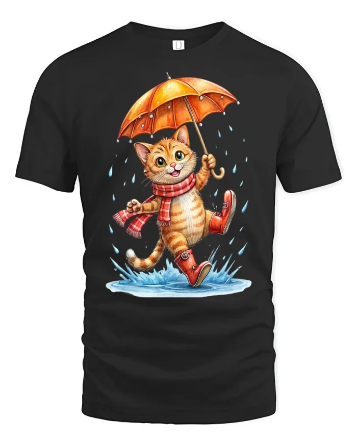 Cute Cat Umbrella Rainy Day T-Shirt - black t-shirt on white background