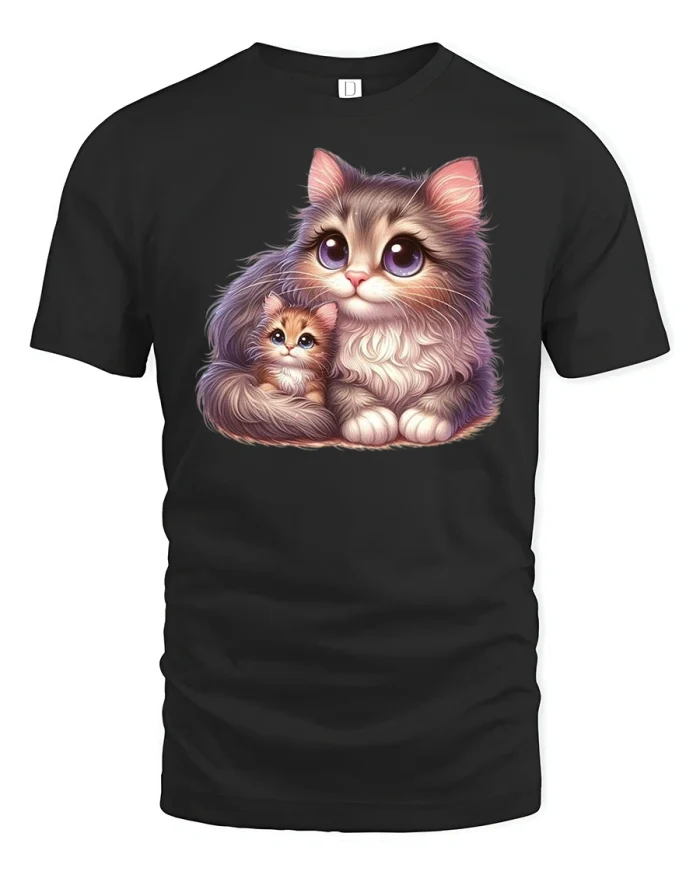 Adorable Mom and Kitten Big Eyes Cute Cat T-Shirt - black t-shirt on white background