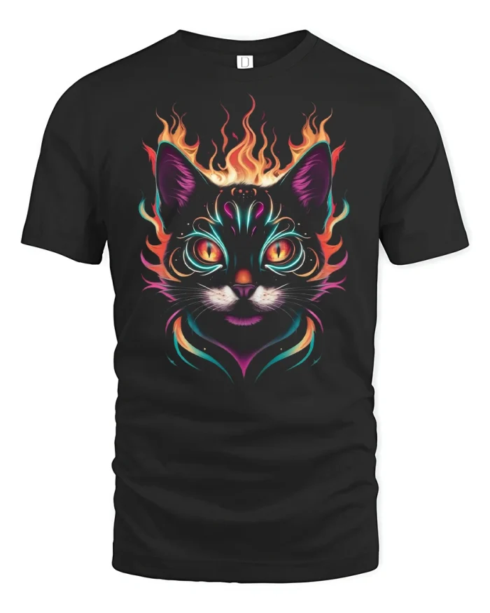 Neon Fire Cat Head Glow Flame T-Shirt - black t-shirt on white background