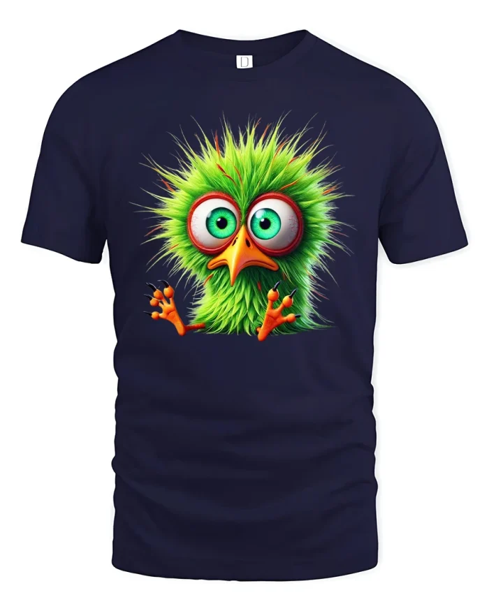 Funny Crazy Bird Cartoon Graphic Tee - navy t-shirt on white background