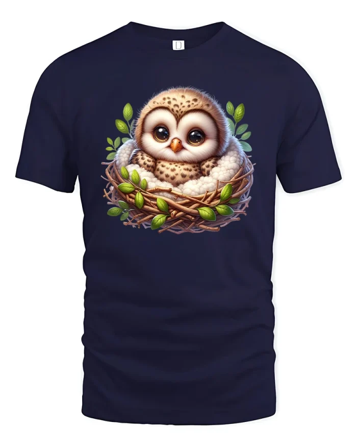 Cute Baby Owl Nest Printed Tee - navy t-shirt on white background