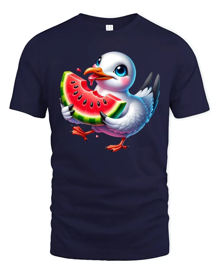 Funny Seagull Eating Watermelon Tee - navy t-shirt on white background