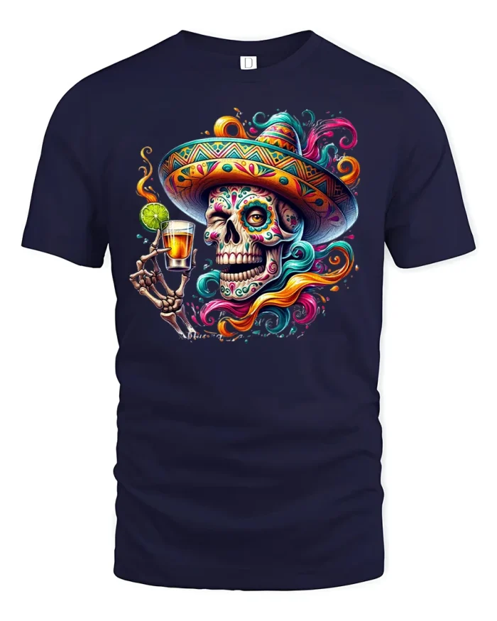 Colorful Sombrero Skull Fiesta Tequila T-Shirt - navy t-shirt on white background