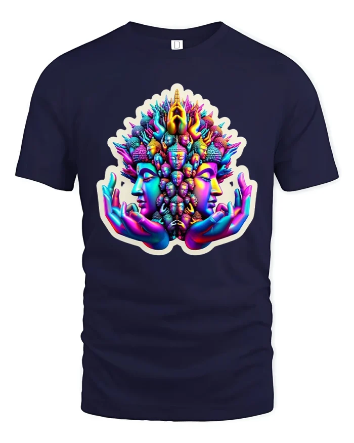 Psychedelic Spiritual Faces Visionary Art T-Shirt - navy t-shirt on white background