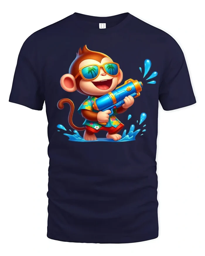 Funny Summer Monkey Water Gun T-Shirt - navy t-shirt on white background
