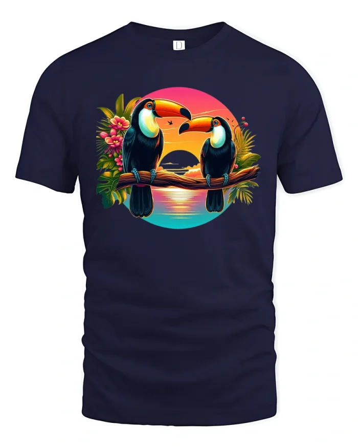 Tropical Toucan Sunset Beach Vibes T-Shirt - navy t-shirt on white background