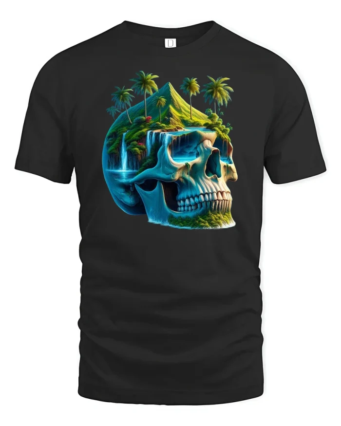 Tropical Skull Island Waterfall Paradise T-Shirt - black t-shirt on white background