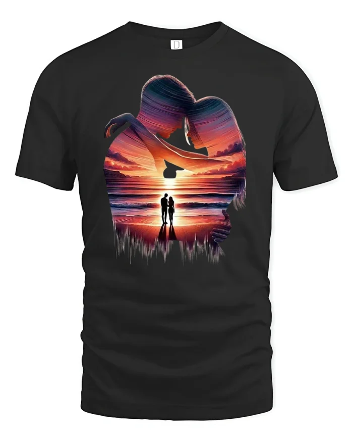 Romantic Sunset Lovers Silhouette T-Shirt - black t-shirt on white background