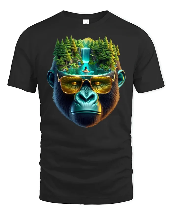 Cool Gorilla Forest Waterfall Adventure T-Shirt - black t-shirt on white background