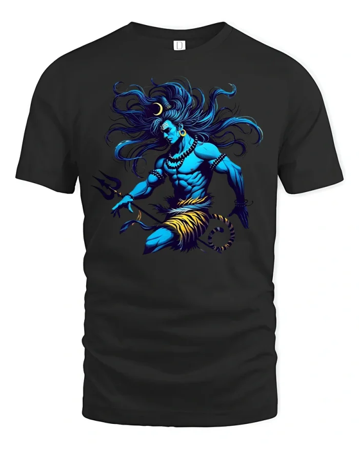 Blue Warrior God Trident T-Shirt - black t-shirt on white background