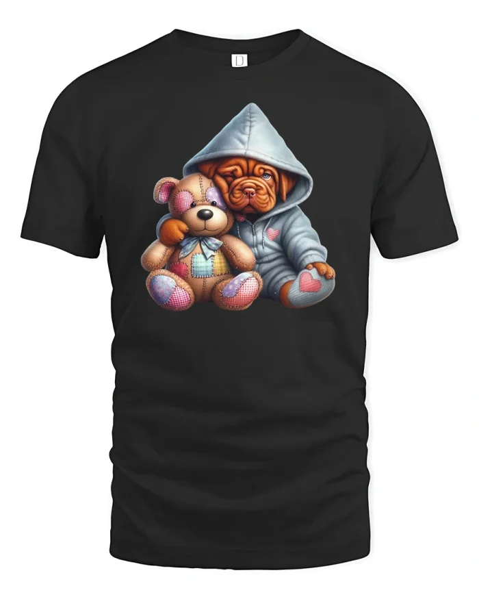 Cute Puppy Hoodie Teddy Hug T-Shirt - black t-shirt on white background
