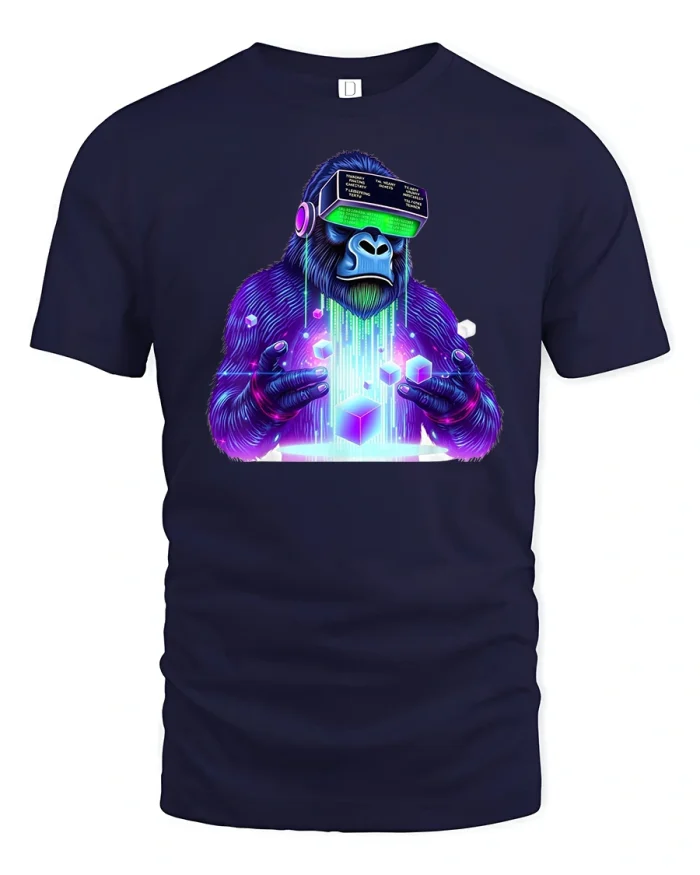 Cyber Gorilla VR World Neon Future T-Shirt - navy t-shirt on white background