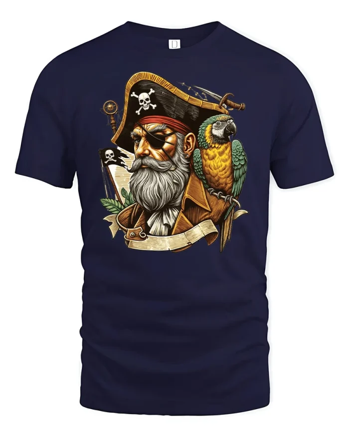 Pirate Captain Parrot Skull Adventure T-Shirt - navy t-shirt on white background