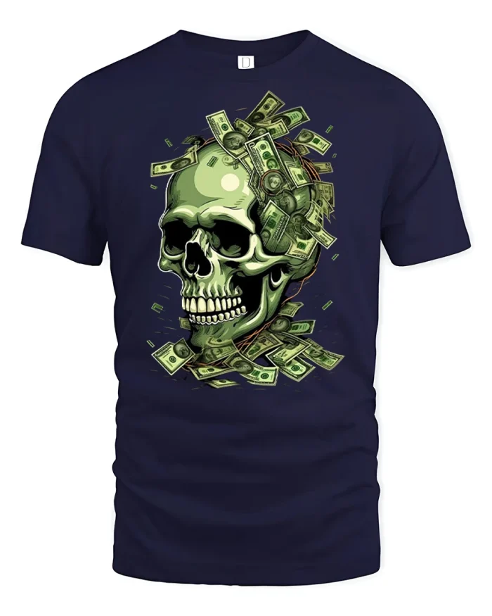 Money Skull Hustler Life Cash Flow T-Shirt - navy t-shirt on white background