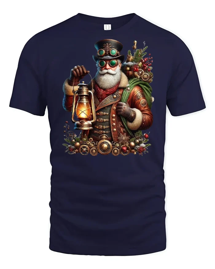 Steampunk Santa Claus Lantern Christmas T-Shirt - navy t-shirt on white background