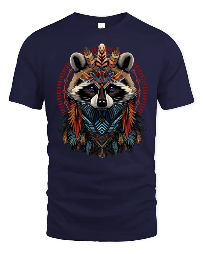 Tribal Raccoon Spirit Animal Geometric T-Shirt - navy t-shirt on white background