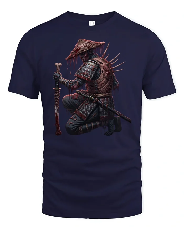 Dark Samurai Warrior Blooded Katana T-Shirt - navy t-shirt on white background