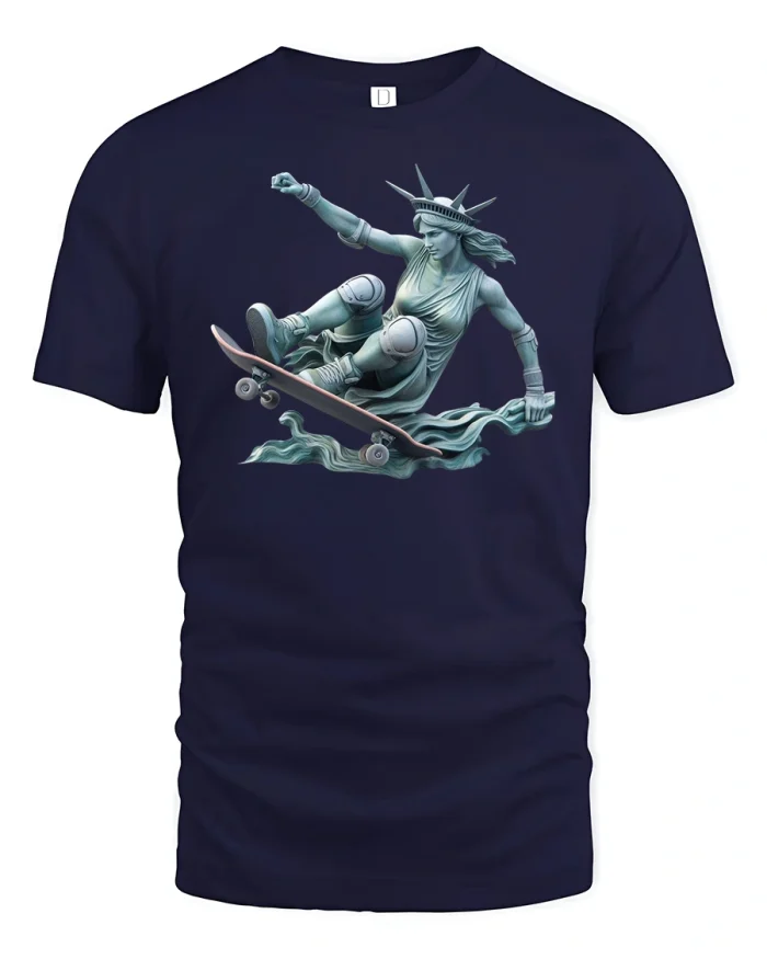 Statue of Liberty Skateboarding Freedom Ride T-Shirt - navy t-shirt on white background