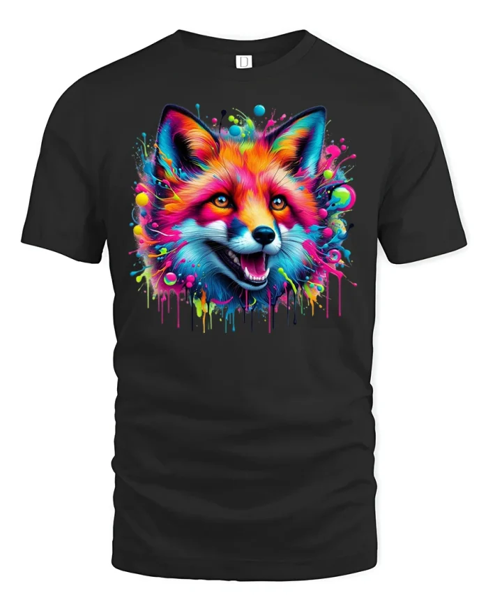 Neon Fox Head Color Splash Art T-Shirt - black t-shirt on white background