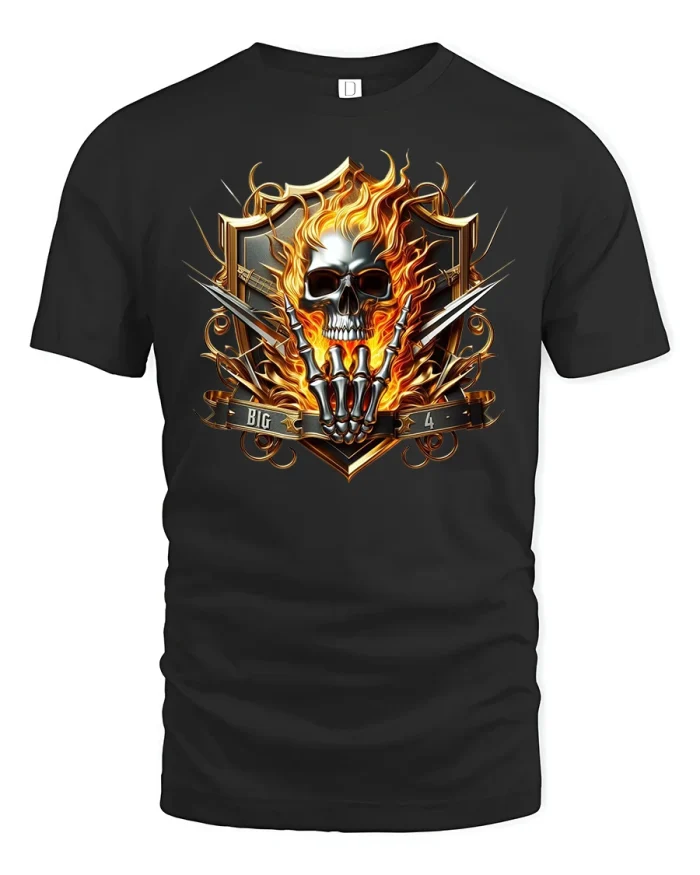 Flaming Skull Warrior Metal Fire T-Shirt - black t-shirt on white background