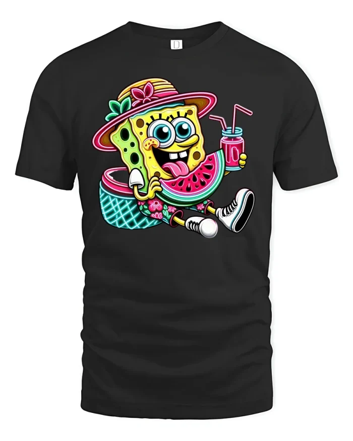 Funny Summer Sponge Watermelon T-Shirt - black t-shirt on white background