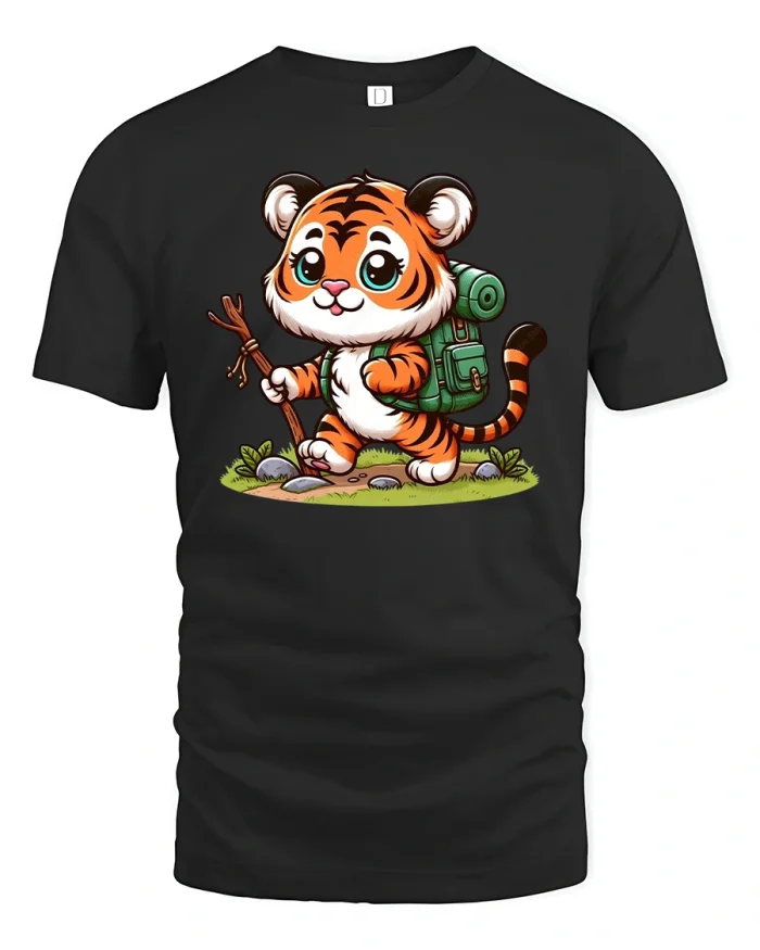 Cute Hiking Tiger Cub Adventure T-Shirt - black t-shirt on white background